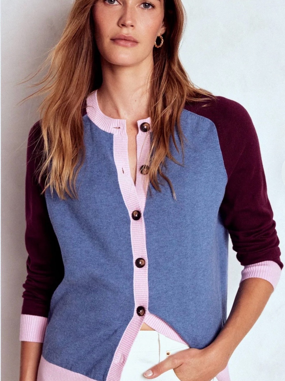 Boden Meg Raglan Sleeve Cardigan XS Blue Burgundy Colorblock Cotton Cashmere